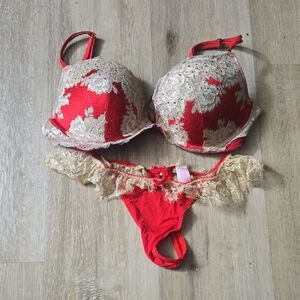 Victoria's Secret Red and Gold Lace Bra Set
